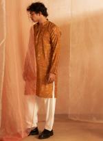 Modal Silk Brownish Yellow Ceremonial Wear Printed Readymade Kurta Pajama